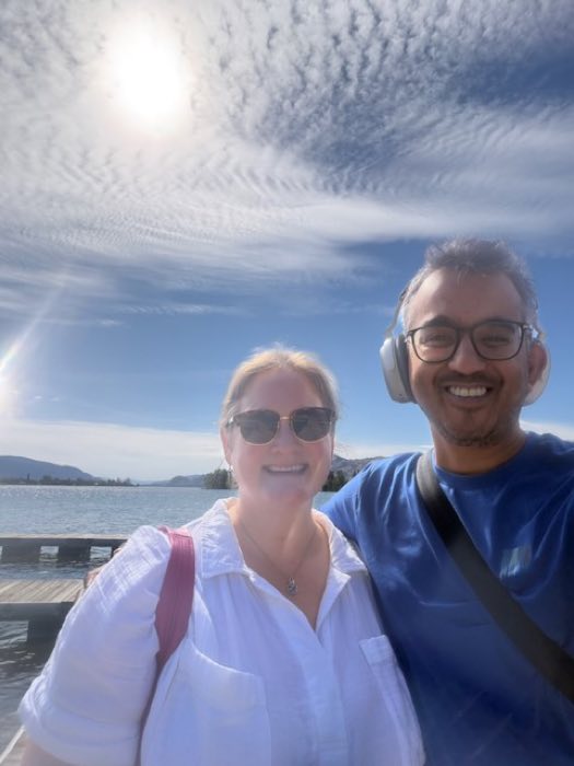 Caldera Lake selfie — Mara and Theo at the dock on day one.